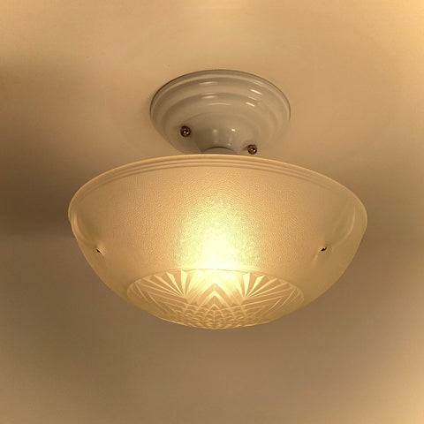 1930s Art Deco semi-flush ceiling light with a frosted geometric glass shade and gloss white powder-coated fixture from Vintporium.