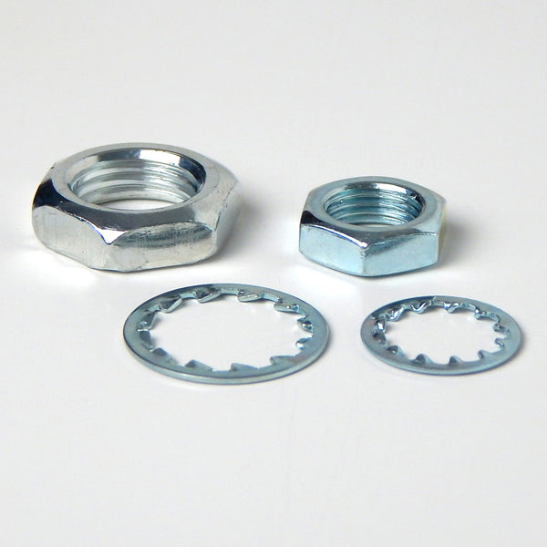 Zinc Plated Heavy Duty Nut & Lock Washer Kit Choice of (9/16 1/8ip) or (3/4 1/4ip)  Commonly used lighting fastener parts, each kit includes your choice of one 1/8 ips zinc nut and one lock washer or one 1/4 zinc nut and one lock washer. Available at www.vintporium.com