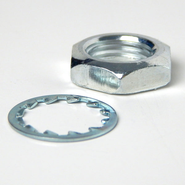 Zinc Plated Heavy Duty Nut & Lock Washer Kit Choice of (9/16 1/8ip) or (3/4 1/4ip)  Commonly used lighting fastener parts, each kit includes your choice of one 1/8 ips zinc nut and one lock washer or one 1/4 zinc nut and one lock washer. Available at www.vintporium.com
