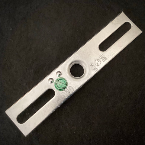 Close-up of a 1/8 IPS female crossbar mounting bracket with green ground screw, UL listed for light fixture installation – Vintporium.