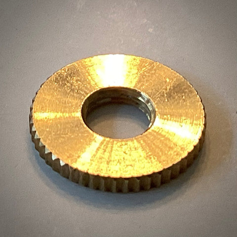 Solid unfinished brass 1-inch diameter with 1/8 ips threaded knurled locknut commonly used for securing and distributing pressure over a larger area than typical nuts. Available at www.vintporium.com