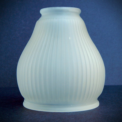 Vintage ribbed frosted glass light shade with bell-shaped form and satin finish, photographed from multiple angles against a dark background.