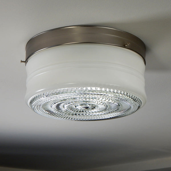 10 Inch Flush Mount Pan Fixture Fitter / Shade Holder / Base The 10-inch pan comes in your choice of polished chrome, satin nickel, or bronze and includes mounting hardware for easy installation. Available at www.vintporium.com