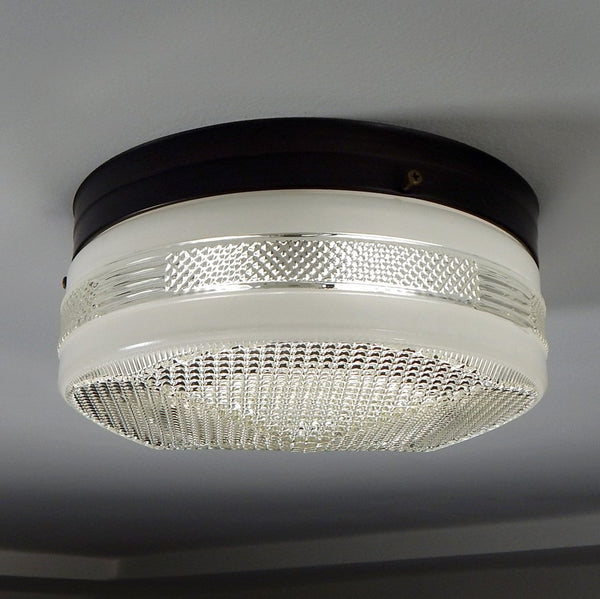 10 Inch Flush Mount Pan Fixture Fitter / Shade Holder / Base The 10-inch pan comes in your choice of polished chrome, satin nickel, or bronze and includes mounting hardware for easy installation. Available at www.vintporium.com