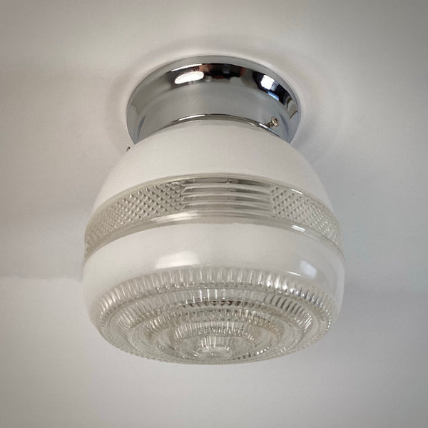 1940s–1960s post-war utility flush-mount ceiling light with frosted pressed-glass shade and chrome canopy by Vintporium