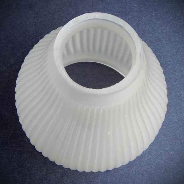 Vintage ribbed frosted glass light shade with bell-shaped form and satin finish, photographed from multiple angles against a dark background.