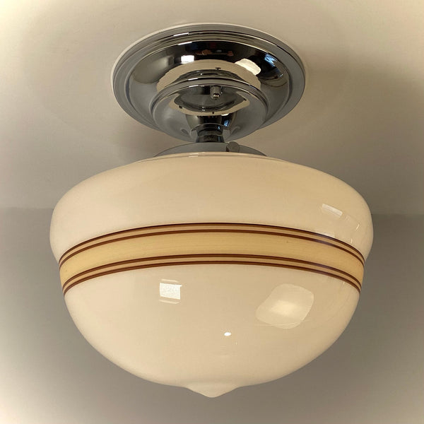 Mocha banded milk glass globe schoolhouse semi-flush ceiling fixture in chrome finish