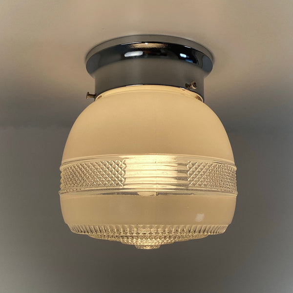 1940s–1960s post-war utility flush-mount ceiling light with frosted pressed-glass shade and chrome canopy by Vintporium