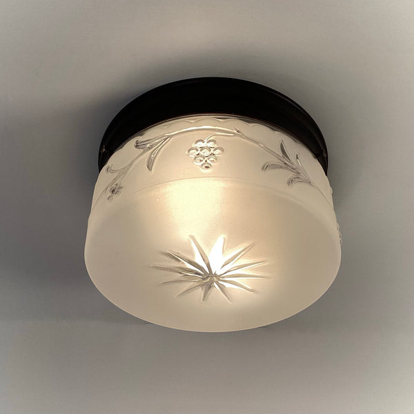 Lighted mid-century frosted glass ceiling fixture featuring embossed starburst and grapevine details, mounted flush to ceiling.