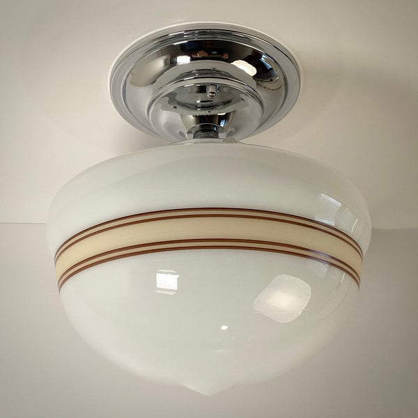 Handblown opal glass schoolhouse ceiling light with hand-painted mocha banding