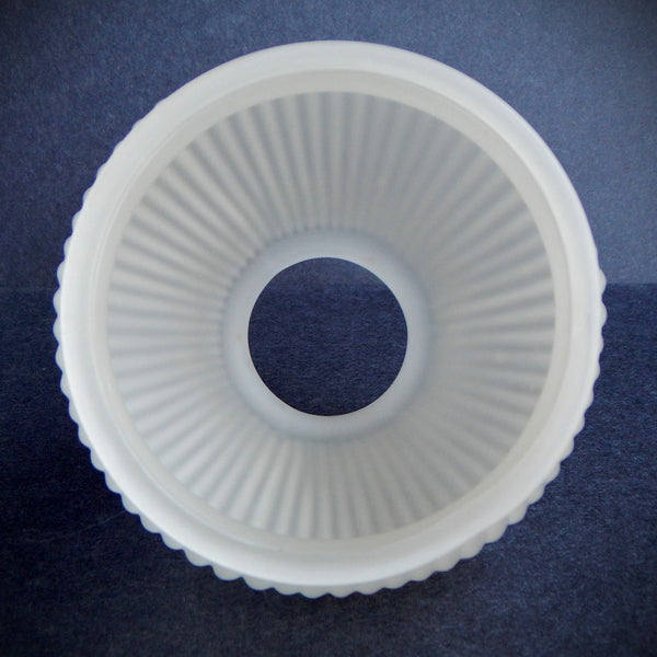 Vintage ribbed frosted glass light shade with bell-shaped form and satin finish, photographed from multiple angles against a dark background.
