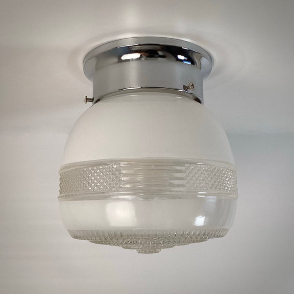 1940s–1960s post-war utility flush-mount ceiling light with frosted pressed-glass shade and chrome canopy by Vintporium