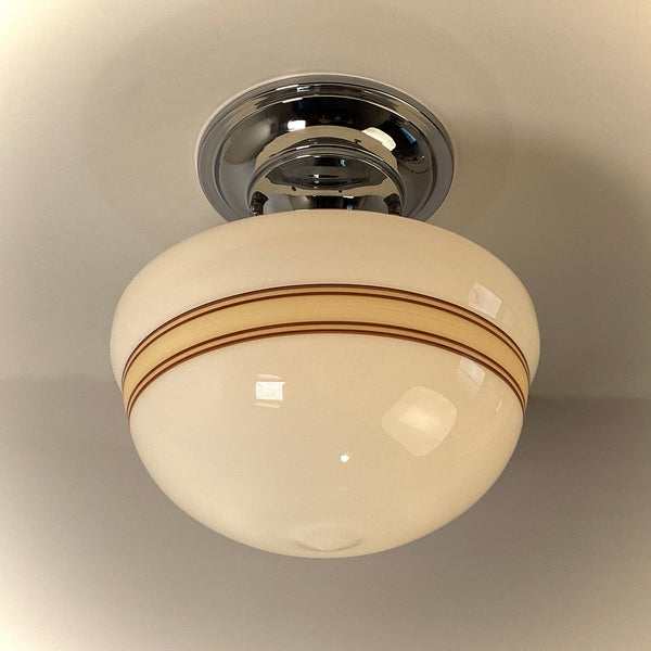 Vintage style schoolhouse semi-flush ceiling light with mocha and cream banded glass shade