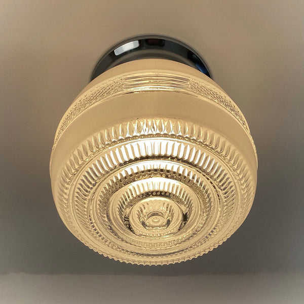 1940s–1960s post-war utility flush-mount ceiling light with frosted pressed-glass shade and chrome canopy by Vintporium
