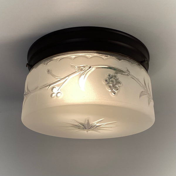 Warmly lit 1950s frosted glass ceiling light showing raised grapevine branches and starburst underside pattern.