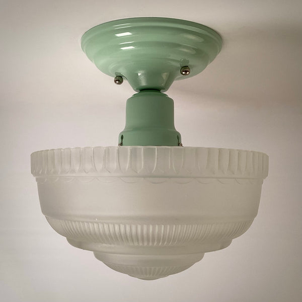 1930s–1940s semi-flush ceiling light side profile unlit, emphasizing stepped glass design