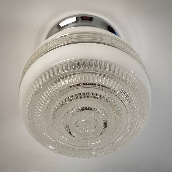 1940s–1960s post-war utility flush-mount ceiling light with frosted pressed-glass shade and chrome canopy by Vintporium