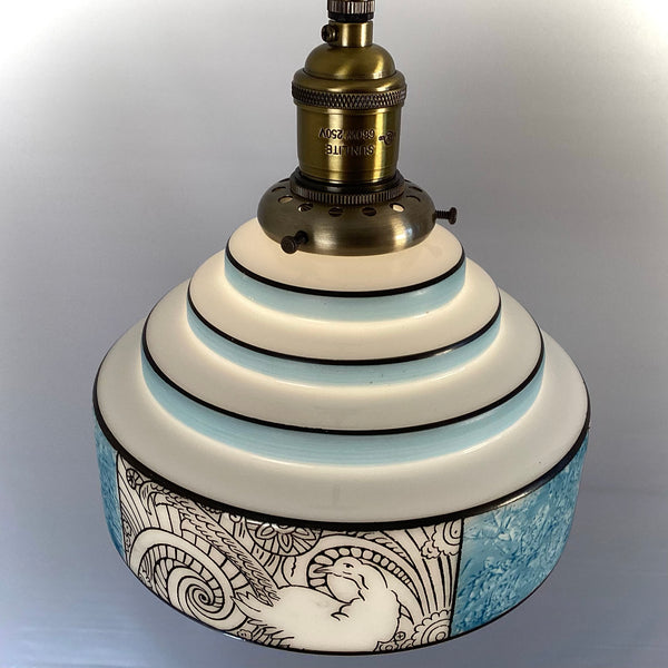 Antique pendant light with brass socket and Art Deco blue glass shade, Vintporium