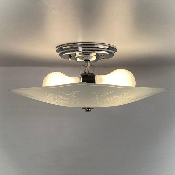 Mid-century flush mount ceiling light with square frosted glass shade and floral etching