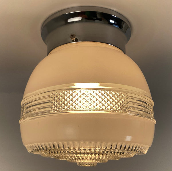 1940s–1960s post-war utility flush-mount ceiling light with frosted pressed-glass shade and chrome canopy by Vintporium