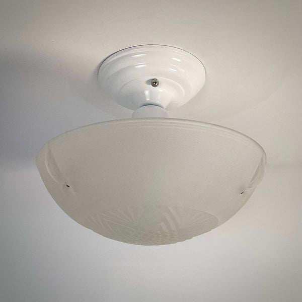 Vintage white powder-coated semi-flush ceiling light with geometric pressed-glass shade inspired by 1930s Art Deco design from Vintporium