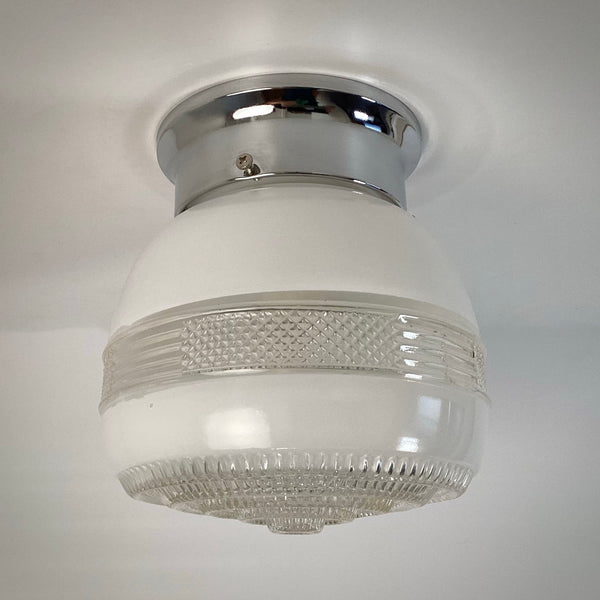 1940s–1960s post-war utility flush-mount ceiling light with frosted pressed-glass shade and chrome canopy by Vintporium