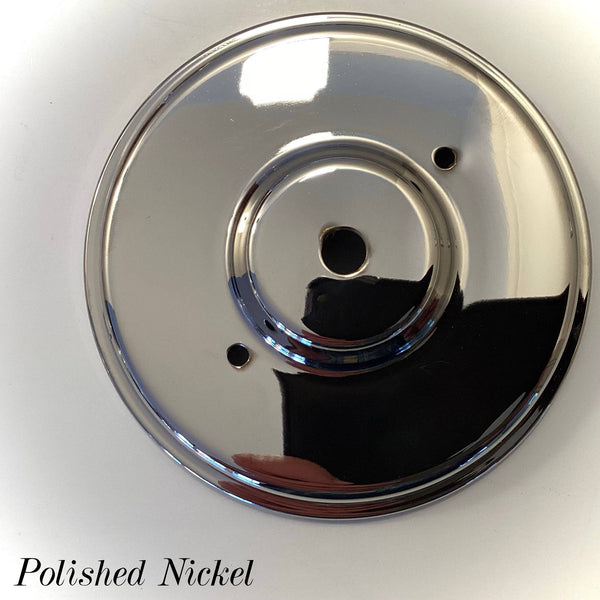 Polished nickel round ceiling canopy with a high-shine reflective finish, center wire opening, and mounting screw holes, ideal for vintage and contemporary light fixture builds at Vintporium.
