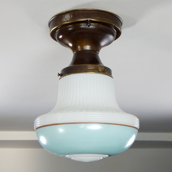 Semi-Flush Ceiling Light, New Hand Painted Shade, Vintage Brass Fixture  Bask in the radiance,  our rich hand-painted robin's egg blue shade meets the earthly brown tones of an antique brass fixture. The new opal shade is hand-blown and sits handsomely on the vintage-aged brass fitter. The fixture has new wires and sockets, etc. The fixture has been clean and detailed and includes hardware for a convenient installation. Available at www.vintporium.com