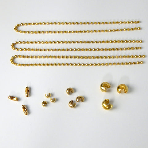 Universal beaded chain kits include every common combination of ball and chain you would need to hang a beaded 3 chain fixture. The kit comes in brass and nickel finishes. The balls come un-crimped and unclasped for universal applications. You will need needle nose pliers to ensure that the balls are crimped closed. Available at www.vintporium.com