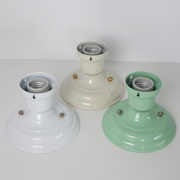 The custom-made triple-beaded chain fixture kit is powder-coated and comes in your choice of white with nickel hardware, pistachio with nickel hardware, or creme with brass hardware. Available at www.vintporium.com