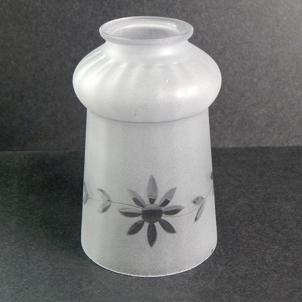 2 1/4 (2.25) Inch Etched Purple Tinted Empire Cut Glass Shade  The vintage etched glass bell-shaped shade has a purple hue indicating that manganese dioxide A.K.A. "Glass Makers Soap," was used in its production and exposed to UV light over time. The shade has been cleaned and detailed for your convenience. Available at www.vintporium.com