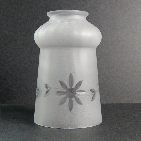 2 1/4 (2.25) Inch Etched Purple Tinted Empire Cut Glass Shade  The vintage etched glass bell-shaped shade has a purple hue indicating that manganese dioxide A.K.A. "Glass Makers Soap," was used in its production and exposed to UV light over time. The shade has been cleaned and detailed for your convenience. Available at www.vintporium.com