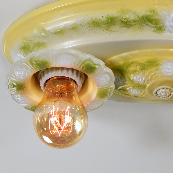 Antique Flush Mount Ceiling Pan Light Fixture. The renovated antique Edwardian flush mount ceiling light features new porcelain sockets, wire, wire sheathing, etc. The fixture has been cleaned and detailed and is ready for installation in your home. Available at www.vintporium.com