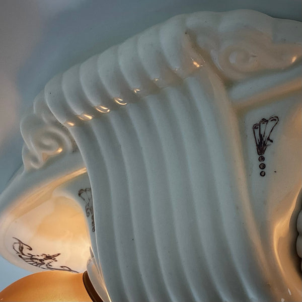 Vintage Flush Mount Porcelain Ceiling Light Fixture. This beautiful antique porcelain ceiling light fixture with uranium glass glaze features a classic 1930s design. Available at www.vintporium.com