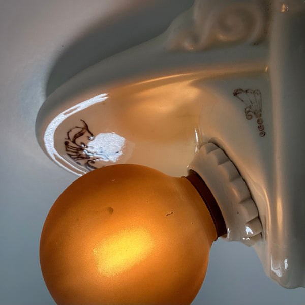 Vintage Flush Mount Porcelain Ceiling Light Fixture. This beautiful antique porcelain ceiling light fixture with uranium glass glaze features a classic 1930s design. Available at www.vintporium.com