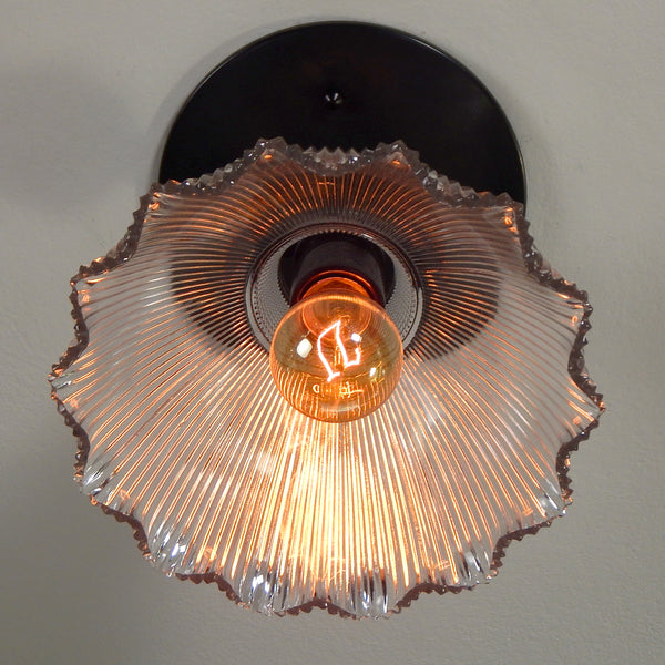 Contemporary Semi-Flush Holophane Ceiling Light Fixture. The fixture has new wiring, bronze-glazed porcelain sockets, etc. The fixture has been cleaned and detailed, including mounting hardware for easy installation. Available at www.vintporium.com
