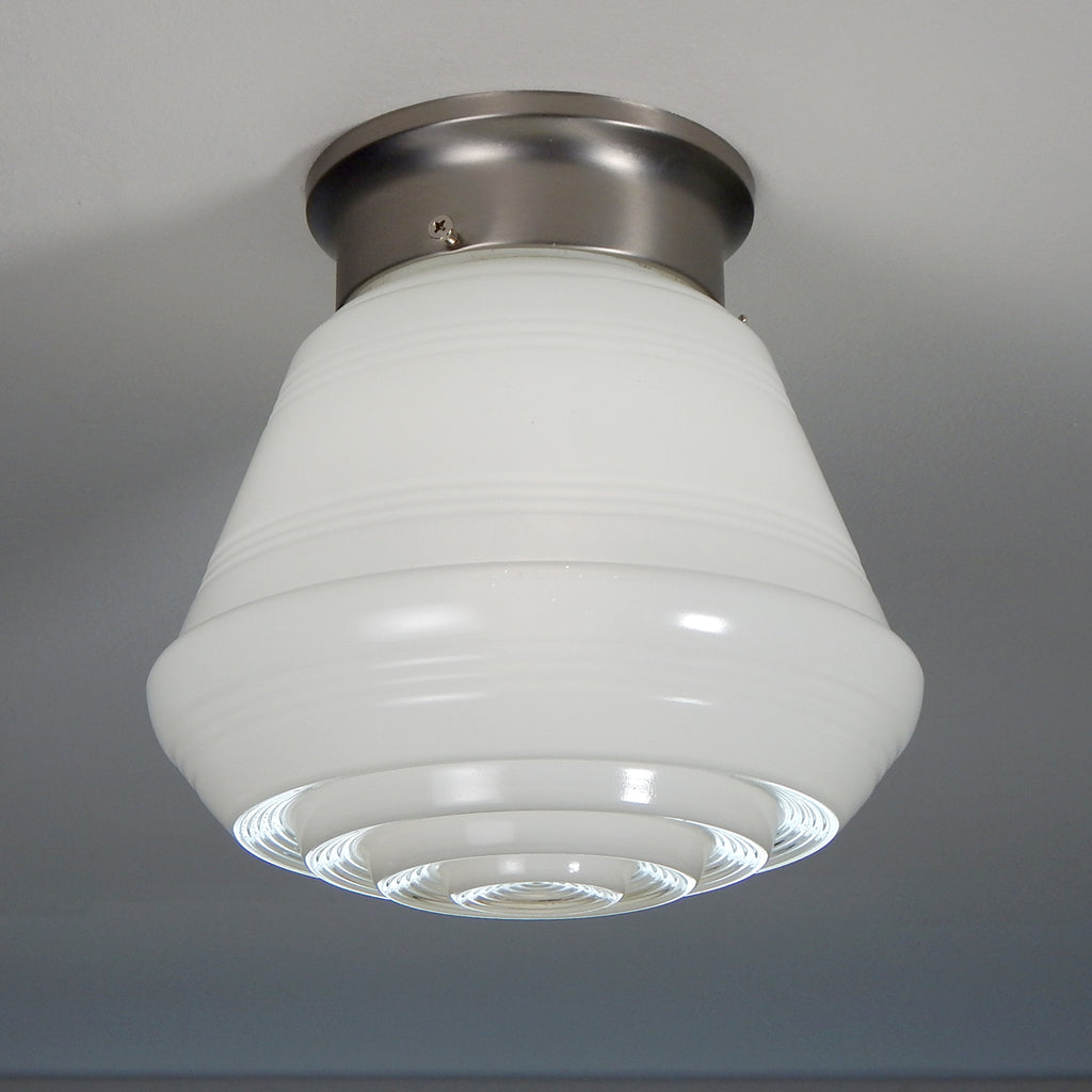Flush Mount Ceiling Light Fixture, Vintage Glass Shade, New Shade Holder Base  Enameled glass shades were a popular lighting option in the 1950s and 60s. They were often used in kitchens, bathrooms, and other utility areas of the home. These shades were commonly made of thick, clear glass coated with enamel. Available at www.vintporium.com
