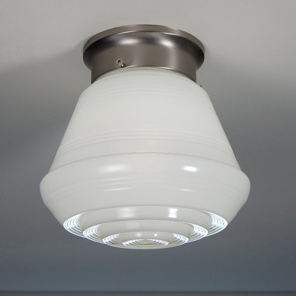 Flush Mount Ceiling Light Fixture, Vintage Glass Shade, New Shade Holder Base  Enameled glass shades were a popular lighting option in the 1950s and 60s. They were often used in kitchens, bathrooms, and other utility areas of the home. These shades were commonly made of thick, clear glass coated with enamel. Available at www.vintporium.com