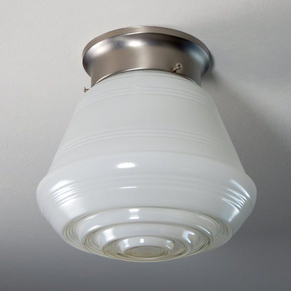 Flush Mount Ceiling Light Fixture, Vintage Glass Shade, New Shade Holder Base  Enameled glass shades were a popular lighting option in the 1950s and 60s. They were often used in kitchens, bathrooms, and other utility areas of the home. These shades were commonly made of thick, clear glass coated with enamel. Available at www.vintporium.com