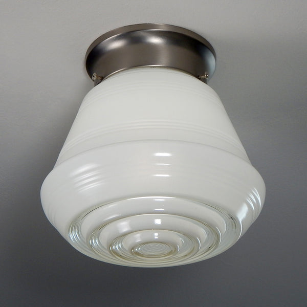 Flush Mount Ceiling Light Fixture, Vintage Glass Shade, New Shade Holder Base  Enameled glass shades were a popular lighting option in the 1950s and 60s. They were often used in kitchens, bathrooms, and other utility areas of the home. These shades were commonly made of thick, clear glass coated with enamel. Available at www.vintporium.com