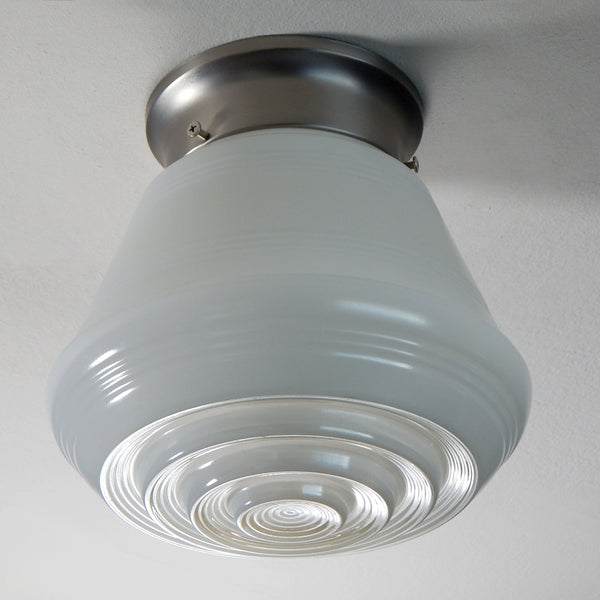 Flush Mount Ceiling Light Fixture, Vintage Glass Shade, New Shade Holder Base  Enameled glass shades were a popular lighting option in the 1950s and 60s. They were often used in kitchens, bathrooms, and other utility areas of the home. These shades were commonly made of thick, clear glass coated with enamel. Available at www.vintporium.com