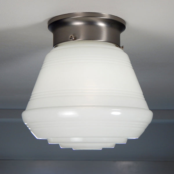 Flush Mount Ceiling Light Fixture, Vintage Glass Shade, New Shade Holder Base  Enameled glass shades were a popular lighting option in the 1950s and 60s. They were often used in kitchens, bathrooms, and other utility areas of the home. These shades were commonly made of thick, clear glass coated with enamel. Available at www.vintporium.com
