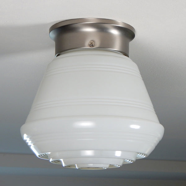 Flush Mount Ceiling Light Fixture, Vintage Glass Shade, New Shade Holder Base  Enameled glass shades were a popular lighting option in the 1950s and 60s. They were often used in kitchens, bathrooms, and other utility areas of the home. These shades were commonly made of thick, clear glass coated with enamel. Available at www.vintporium.com