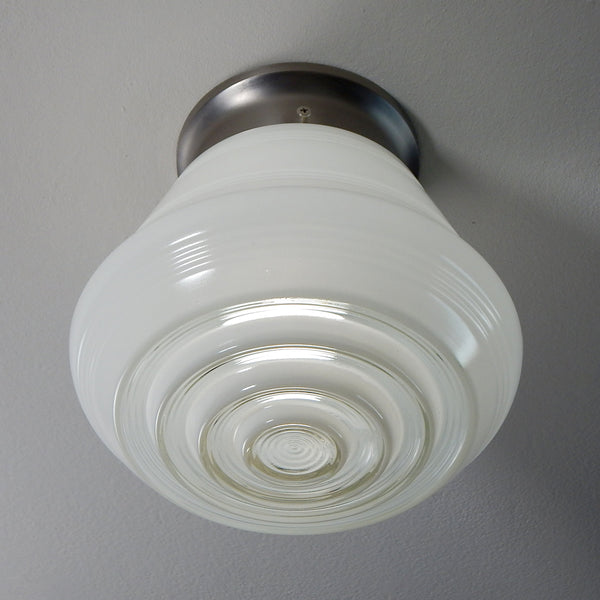 Flush Mount Ceiling Light Fixture, Vintage Glass Shade, New Shade Holder Base  Enameled glass shades were a popular lighting option in the 1950s and 60s. They were often used in kitchens, bathrooms, and other utility areas of the home. These shades were commonly made of thick, clear glass coated with enamel. Available at www.vintporium.com