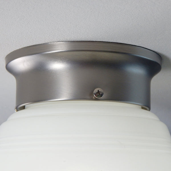 Flush Mount Ceiling Light Fixture, Vintage Glass Shade, New Shade Holder Base  Enameled glass shades were a popular lighting option in the 1950s and 60s. They were often used in kitchens, bathrooms, and other utility areas of the home. These shades were commonly made of thick, clear glass coated with enamel. Available at www.vintporium.com