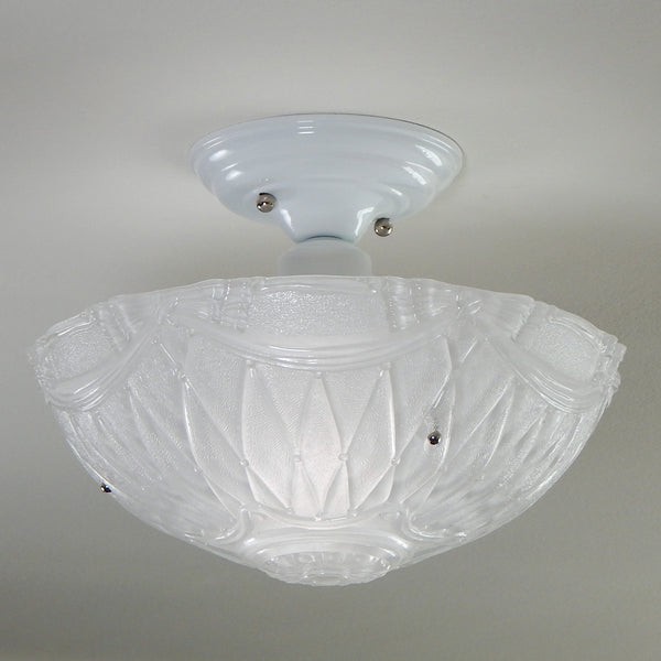 Semi-Flush Beaded Chain Ceiling Light. Vintage Shade. New Fixture. The fixture features a custom-made powder-coated fixture. The fixture has been cleaned and detailed. It includes mounting hardware for convenient installation. Available at www.vintporium.com