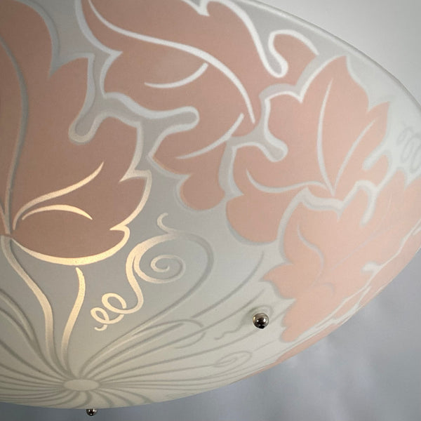 Post-War Era Chain Ceiling Light Vintage Glass New Custom Fixture. The fixture features a custom-made powder-coated fixture. The shade has a silk-screened enamel finish with a repetitive floral pattern. The light fixture has been cleaned and detailed. It includes mounting hardware for convenient installation. Available at www.vintporium.com