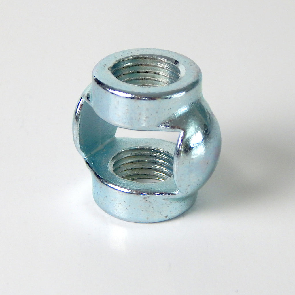 Zinc Plated Steel Hickey 1/4F x 1/4F ip. This zinc-plated is threaded for  1/4 ip x 1/4 ip rod. The hickey is a transitional piece that allows two of the threaded pipes or nipples to attach while allowing the wire a way to exit the threaded pipe. Available at www.vintporium.com