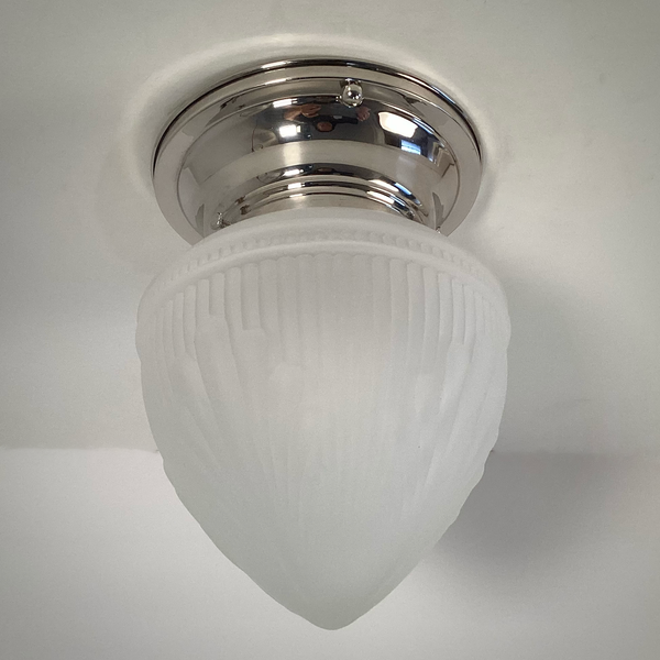 Art Deco Frosted Glass Ceiling Light with Nickel Base. Vintage-style acorn-shaped glass shade with feather-like patterns. Available at www.vintporium.com
