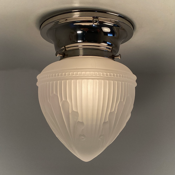 Art Deco Frosted Glass Ceiling Light with Nickel Base. Vintage-style acorn-shaped glass shade with feather-like patterns. Available at www.vintporium.com

